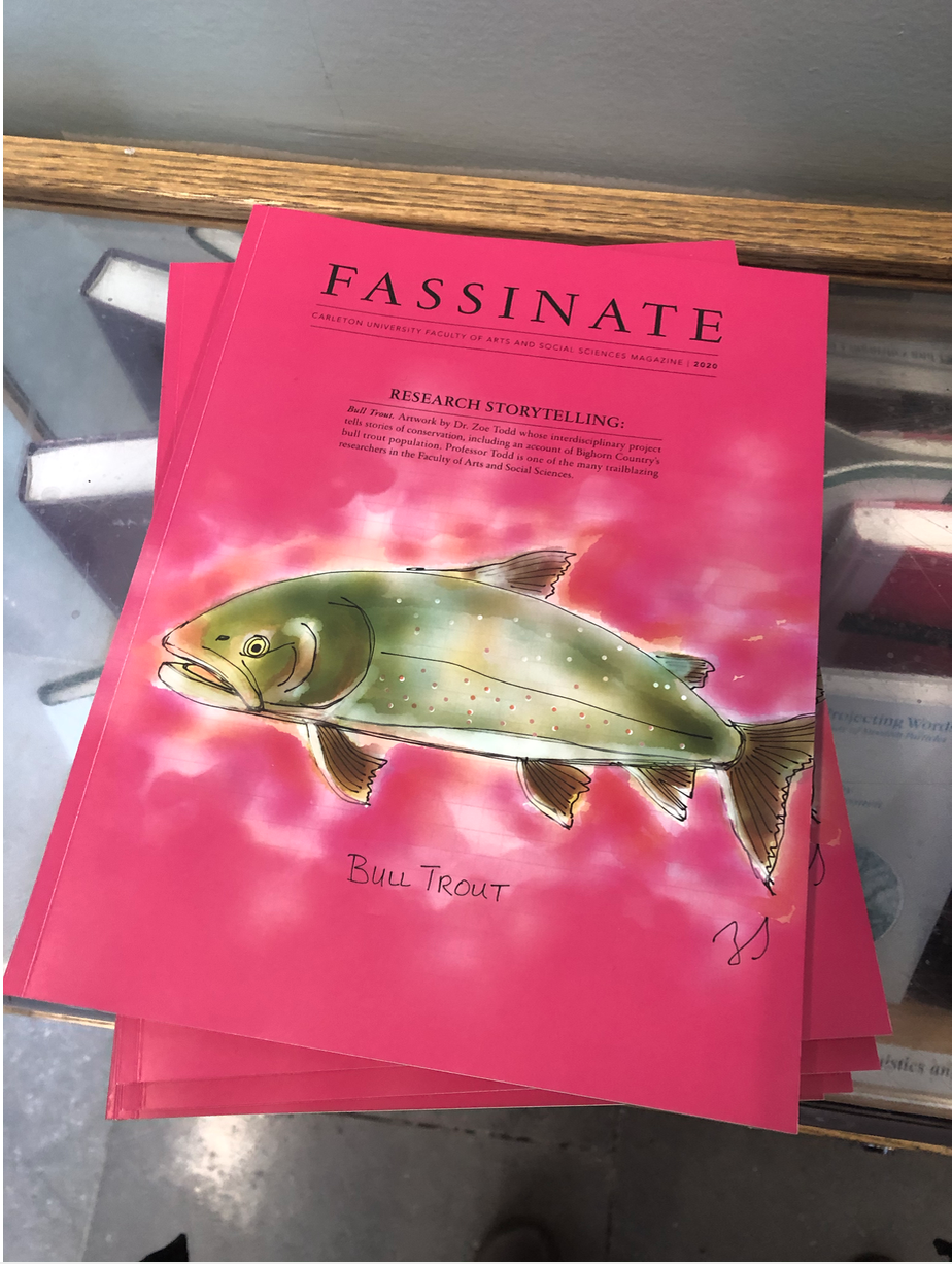 image of a hot pink FASSinate magazine featuring a bull trout drawing on the front