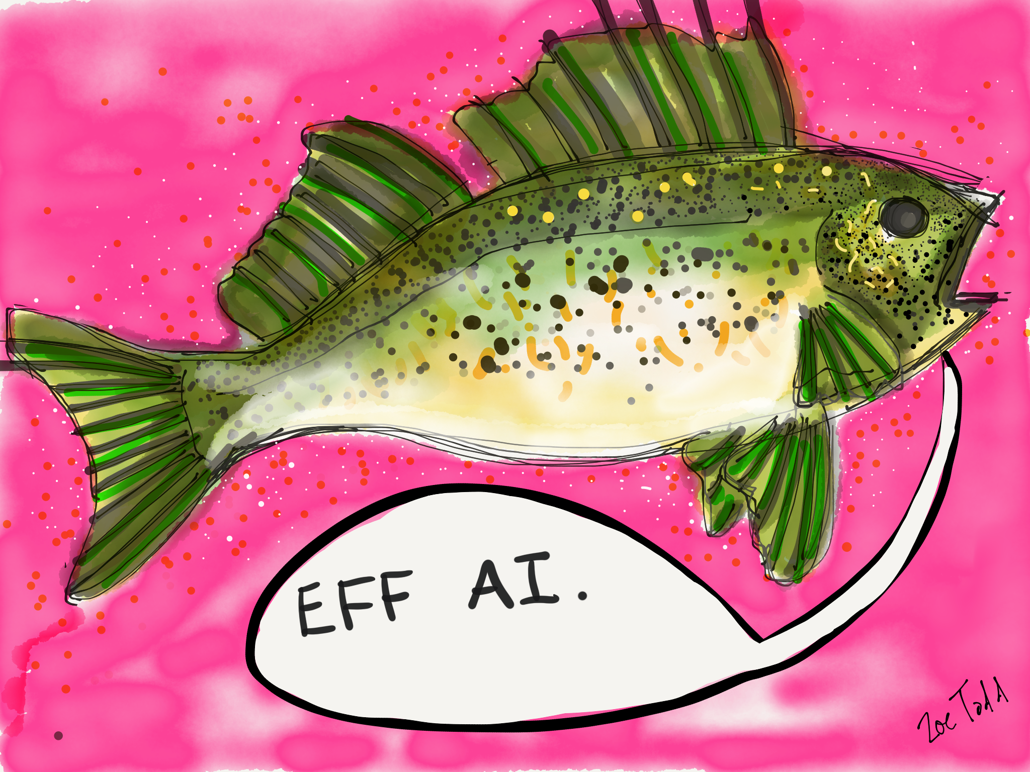 image of a digitally drawn walleye in shades of dark olive green and pale yellow against a deep hot pink background with a word bubble below it that reads "EFF AI"